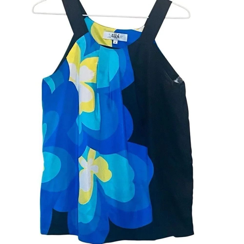 Tibi Floral Pleated Sleeveless Side Zip Silk Tank Top Black Combo Size 4